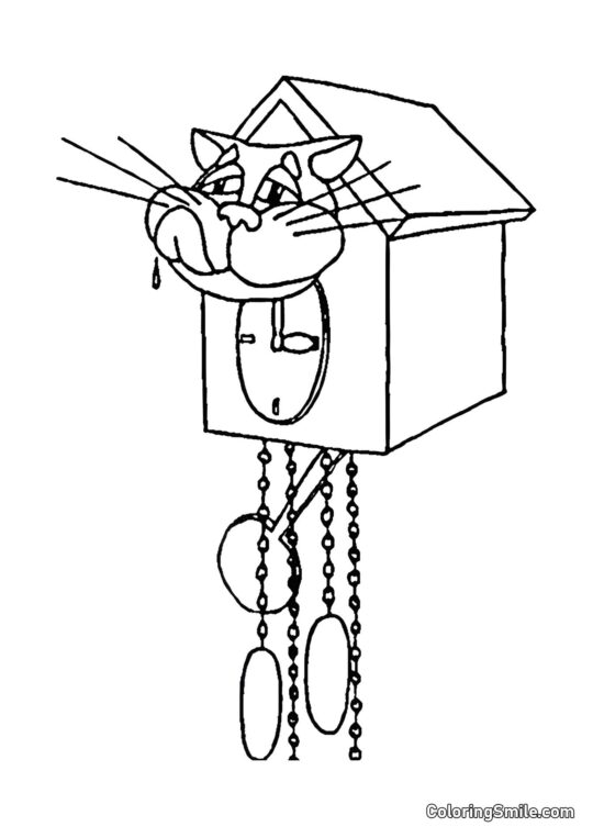 Gato em um Relógio Antigo - Página para Colorir
