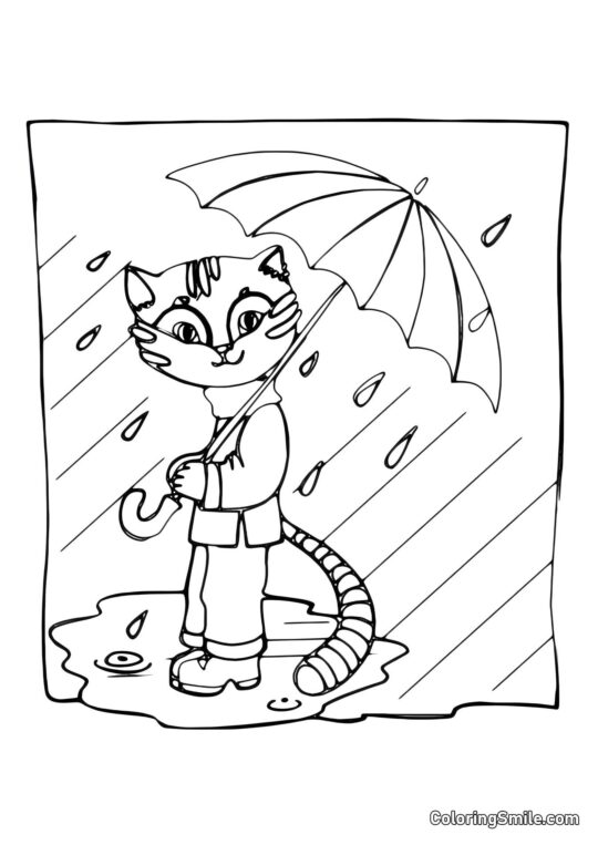 Gato de Botas Abaixo de um Guarda-Chuva - Página para Colorir