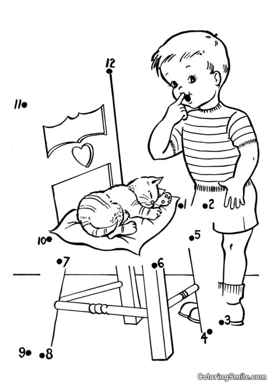 Gato Dormindo em um Travesseiro – Conecte os Pontos! - Página para Colorir