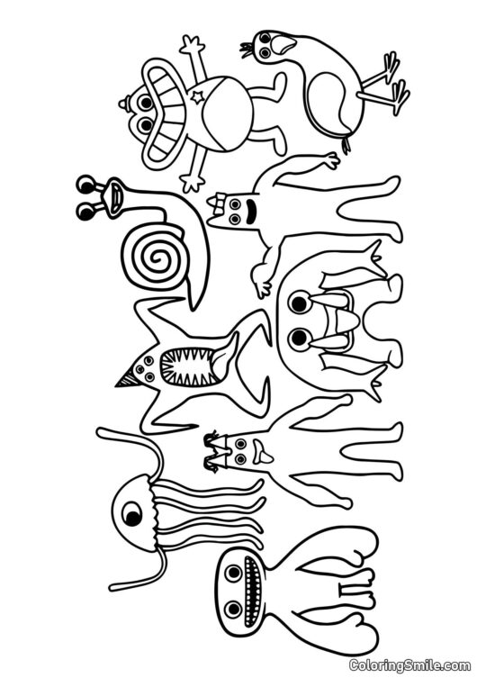 Personagens do jardim de infância Banban 2 e 3 juntos - Página para Colorir