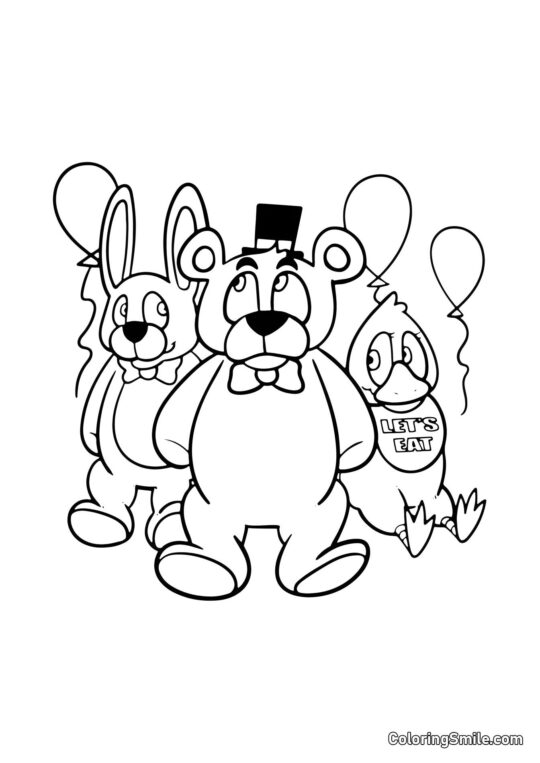 Freddy, Bonnie e Chica com Balões - Página para Colorir