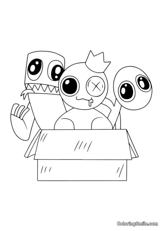 Azul, Verde e Roxo sentados em uma caixa - Página para Colorir