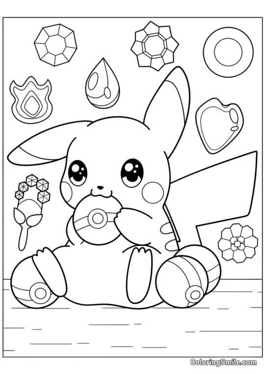 Pikachu Mastigando Pokébola - Página para Colorir