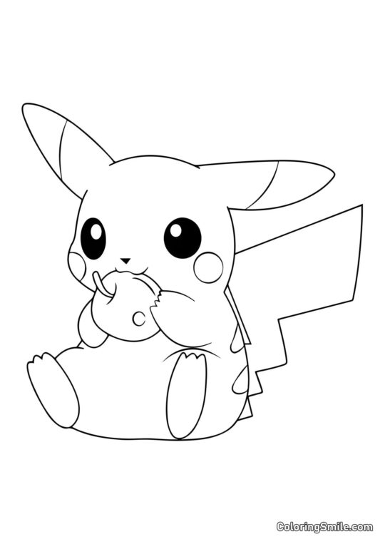 Pikachu Comendo Maçã - Página para Colorir