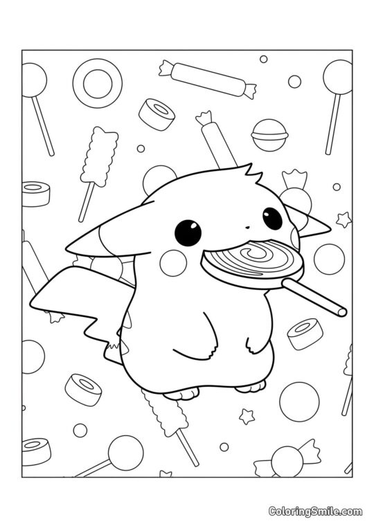 Pikachu com Pirulito - Página para Colorir