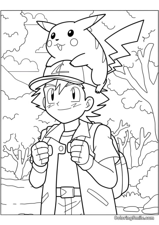 Pikachu com Ash na Floresta - Página para Colorir