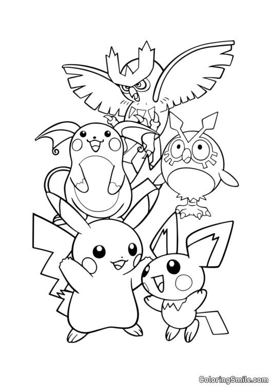 Pikachu e Hoothoot Evoluções - Página para Colorir