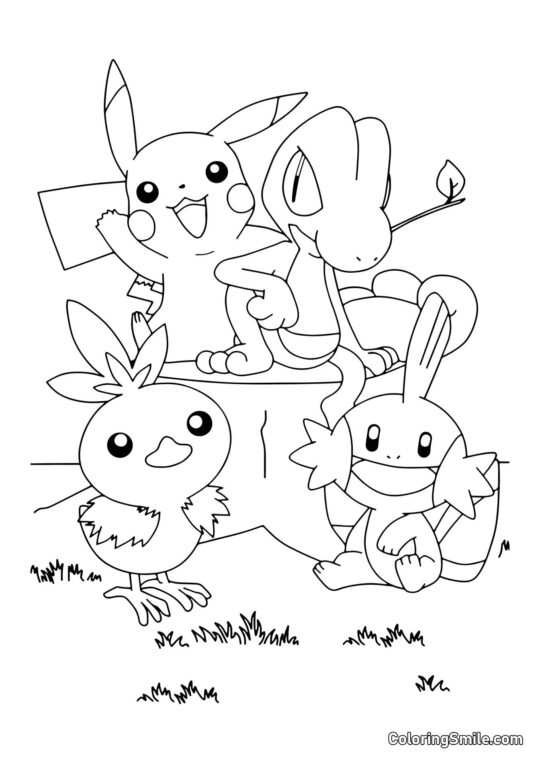 Pikachu com Amigos - Página para Colorir