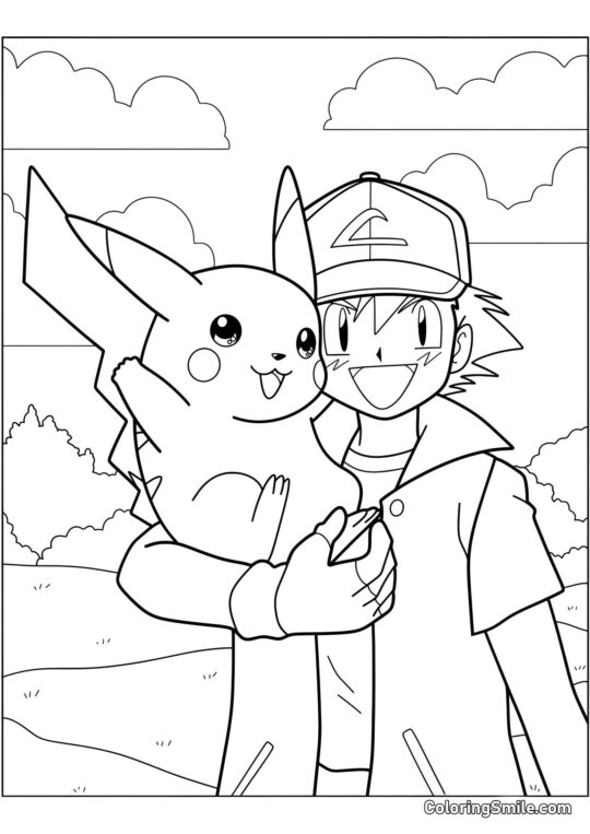 Pikachu nos Braços de Ash - Página para Colorir