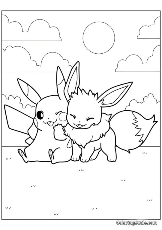 Pikachu em uma Clareira com Eevee - Página para Colorir