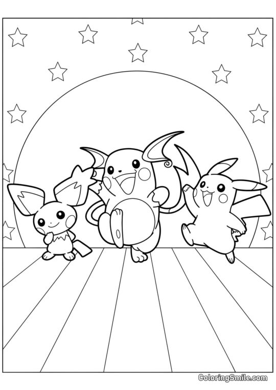 Pichu, Raichu e Pikachu - Página para Colorir
