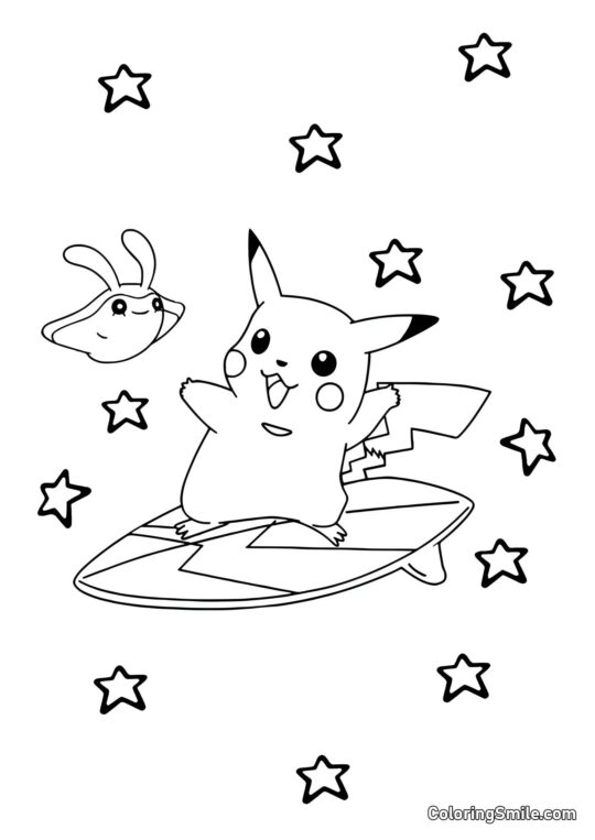 Pikachu na Prancha de Surf - Página para Colorir
