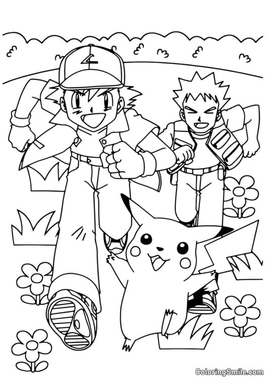 Pikachu, Ash e Brock - Página para Colorir