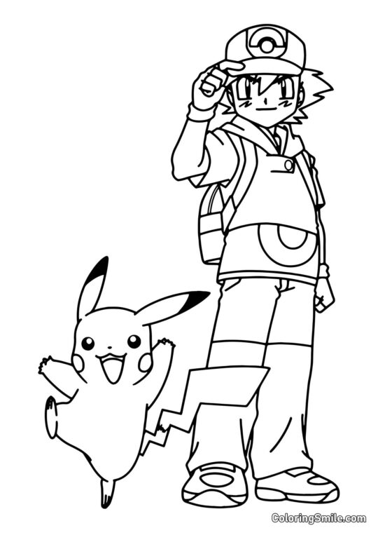Pikachu e Ash Ketchum - Página para Colorir