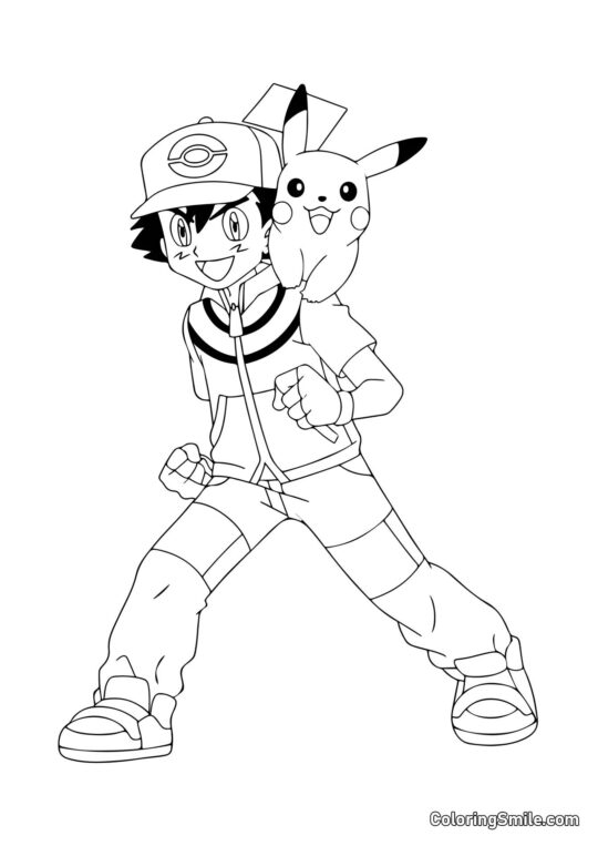 Ash e Pikachu - Página para Colorir