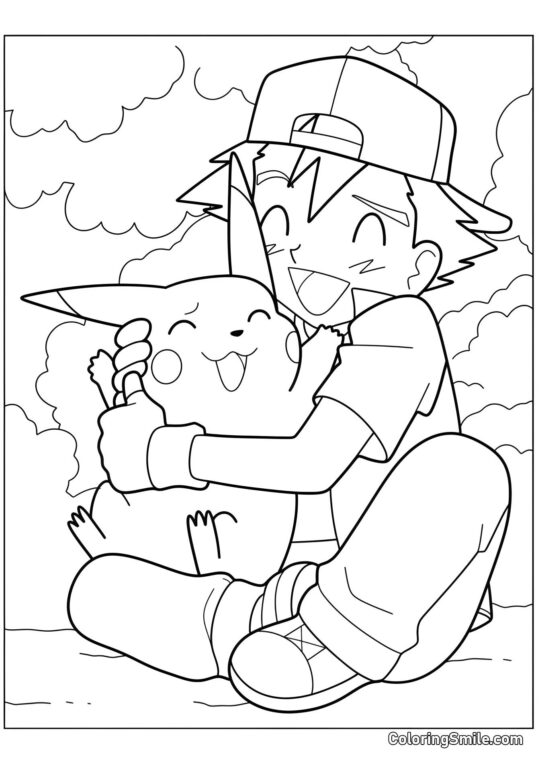 Ash e Pikachu Abraçando - Página para Colorir