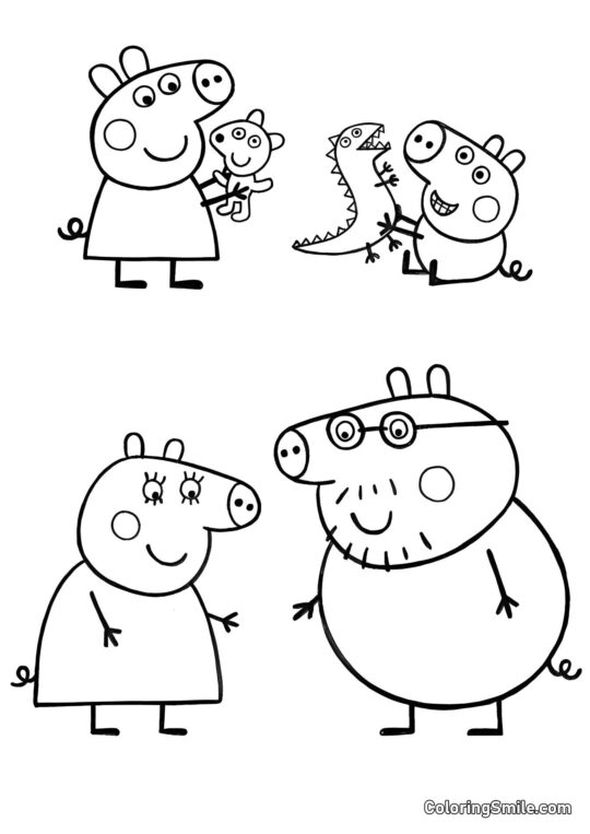 Peppa, George, Mamãe e Papai - Página para Colorir