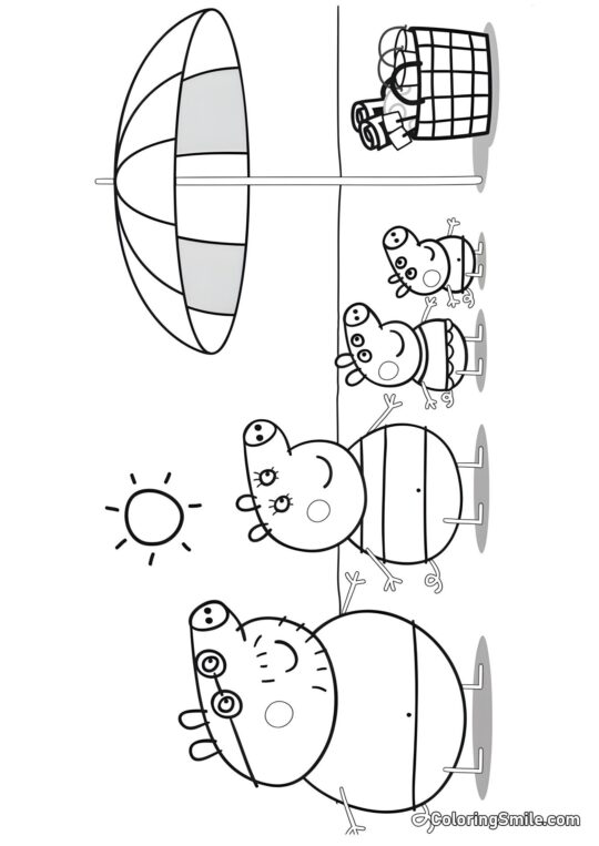 Peppa com a Família na Praia - Página para Colorir