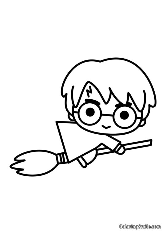 Harry Potter para crianças pequenas em uma vassoura Harry Potter para crianças pequenas em uma vassoura - Página para Colorir