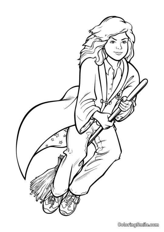 Hermione de desenho animado em uma vassoura Hermione de desenho animado em uma vassoura - Página para Colorir