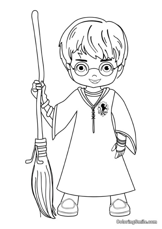 Harry Potter de desenho animado com uma vassoura Harry Potter de desenho animado com uma vassoura - Página para Colorir