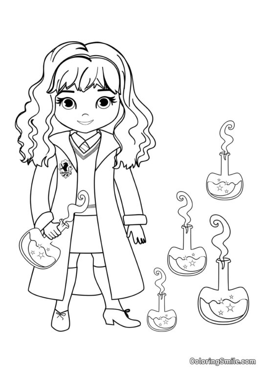 Hermione de desenho animado com poções mágicas Hermione de desenho animado com poções mágicas - Página para Colorir