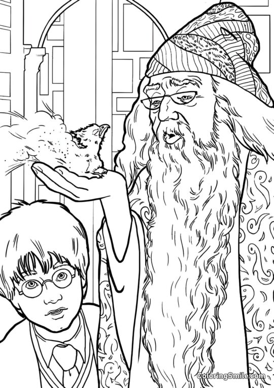 Dumbledore mostrando a Harry a Fênix Dumbledore mostrando a Harry a Fênix - Página para Colorir