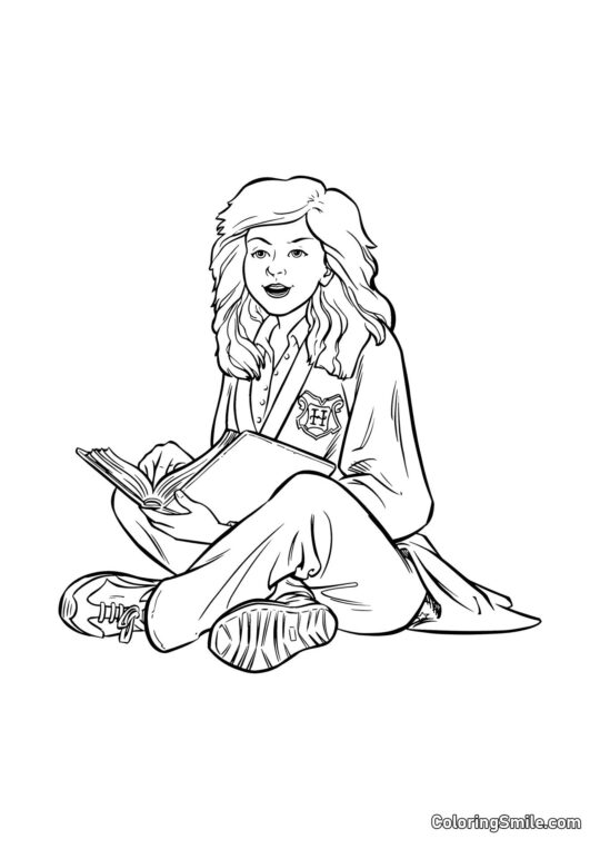 Hermione Granger de desenho animado lendo um livro Hermione Granger de desenho animado lendo um livro - Página para Colorir