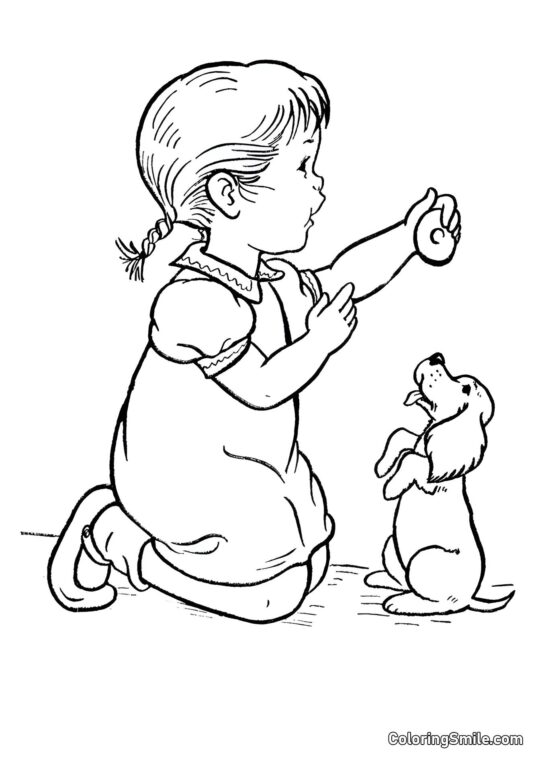 Menina tratando seu cachorro - Página para Colorir