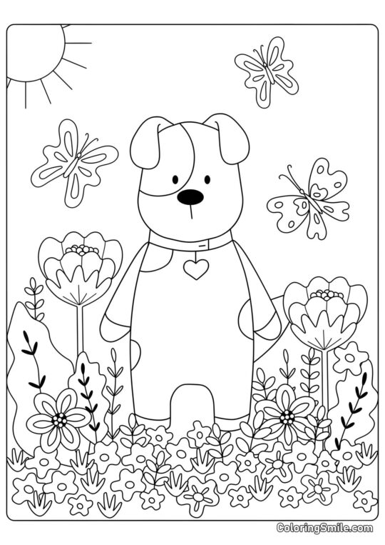 Cachorro de conto de fadas com flores - Página para Colorir