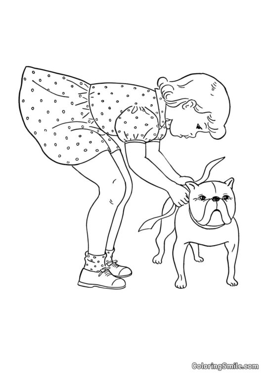 Menina e bulldog - Página para Colorir