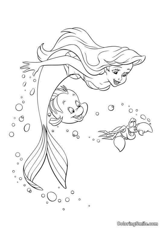 Sereia, Sebastião e Linguado - Página para Colorir