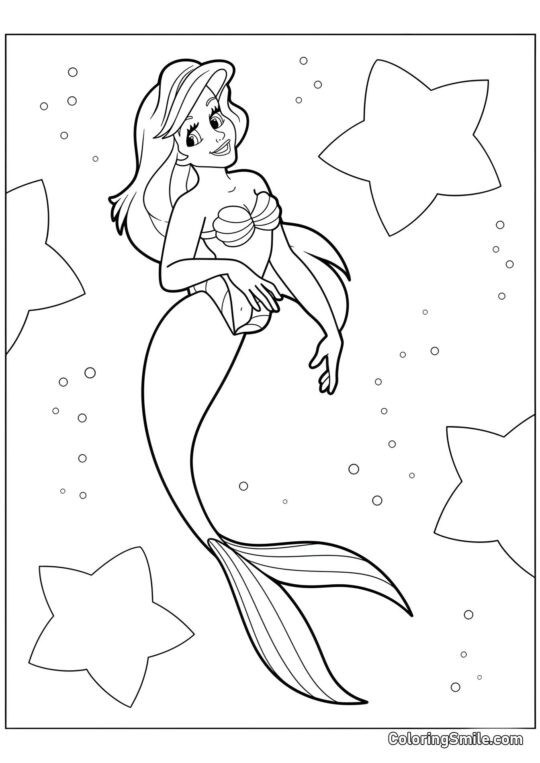 Sereia Ariel e Estrelas - Página para Colorir