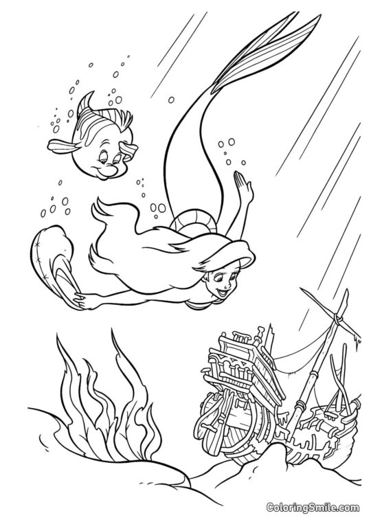 Sereia e Navio Afundado - Página para Colorir