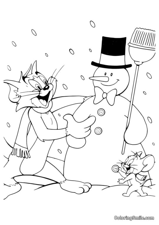 Tom e Jerry Construíram um Boneco de Neve - Página para Colorir