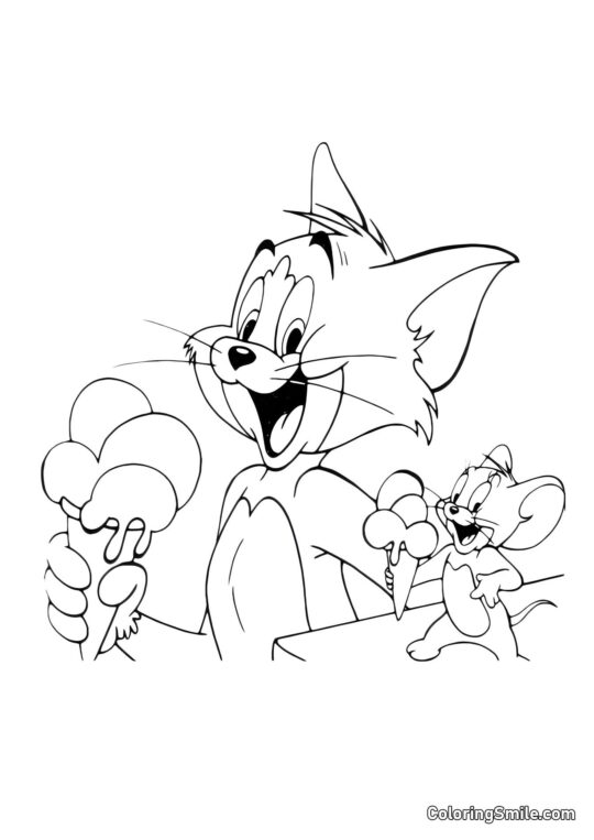 Tom e Jerry Comendo Sorvete - Página para Colorir