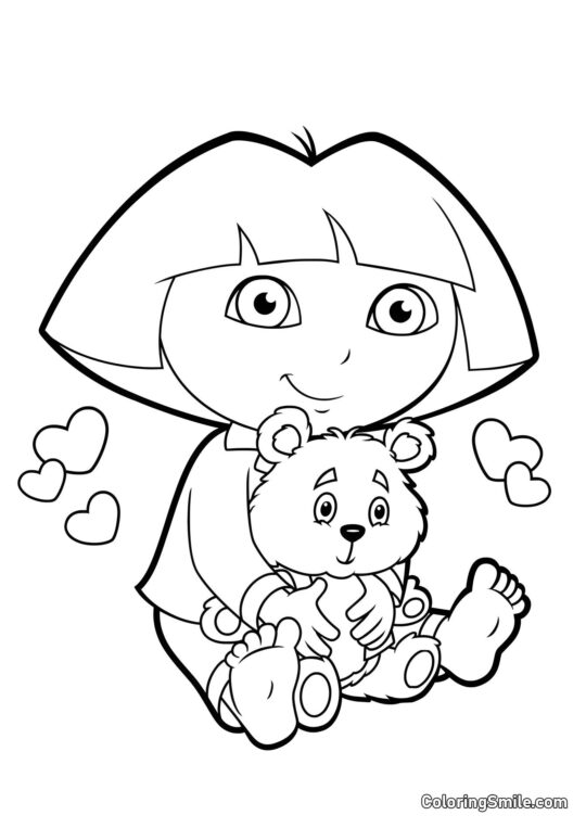 Dora com um filhote de urso Dora com um filhote de urso - Página para Colorir