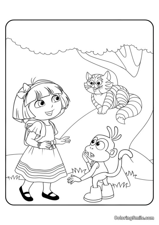 Dora e o Gato de Cheshire Dora e o Gato de Cheshire - Página para Colorir