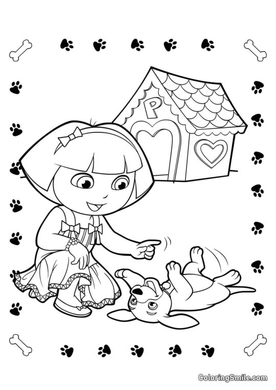 Dora, a Exploradora brinca com um cachorrinho Dora, a Exploradora brinca com um cachorrinho - Página para Colorir