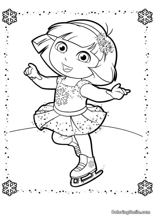 Dora em um vestido de floco de neve patinando Dora em um vestido de floco de neve patinando - Página para Colorir