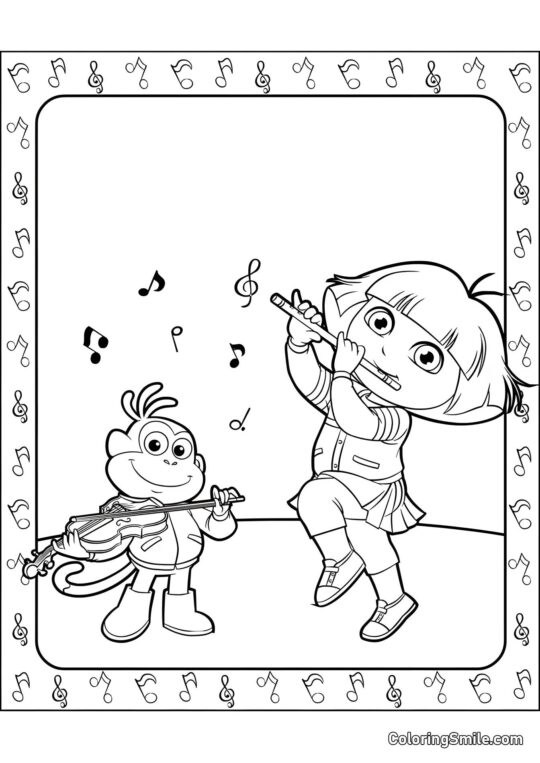 Dora com uma flauta, Botas com um violino Dora com uma flauta, Botas com um violino - Página para Colorir