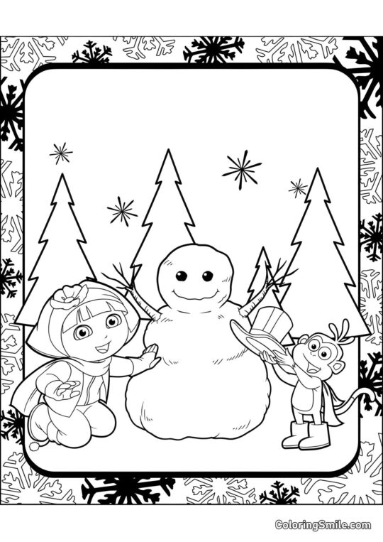 Dora e Botas constroem um boneco de neve Dora e Botas constroem um boneco de neve - Página para Colorir