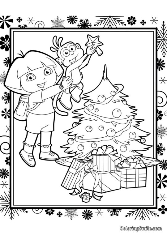 Dora e Botas decoram a árvore de Natal Dora e Botas decoram a árvore de Natal - Página para Colorir