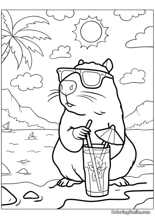 Capivara com Óculos na Praia - Página para Colorir
