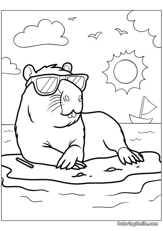 Capivara Tomando Sol na Praia - Página para Colorir