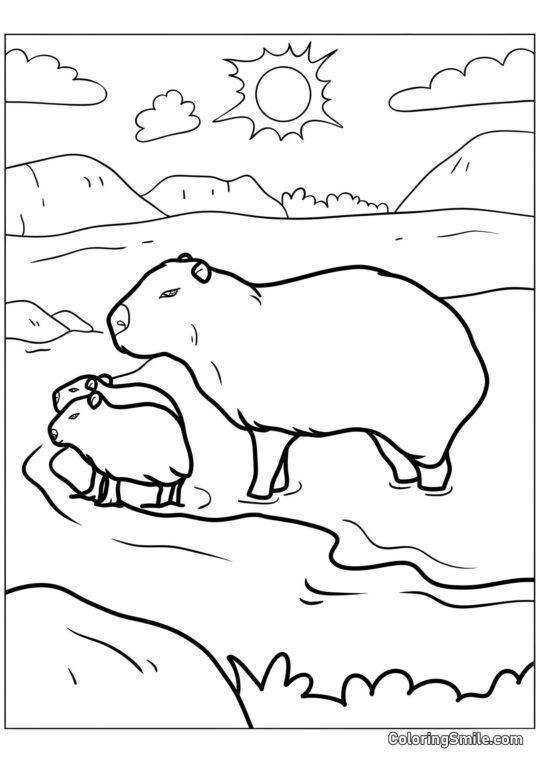 Mamãe Capivara com Filhos - Página para Colorir