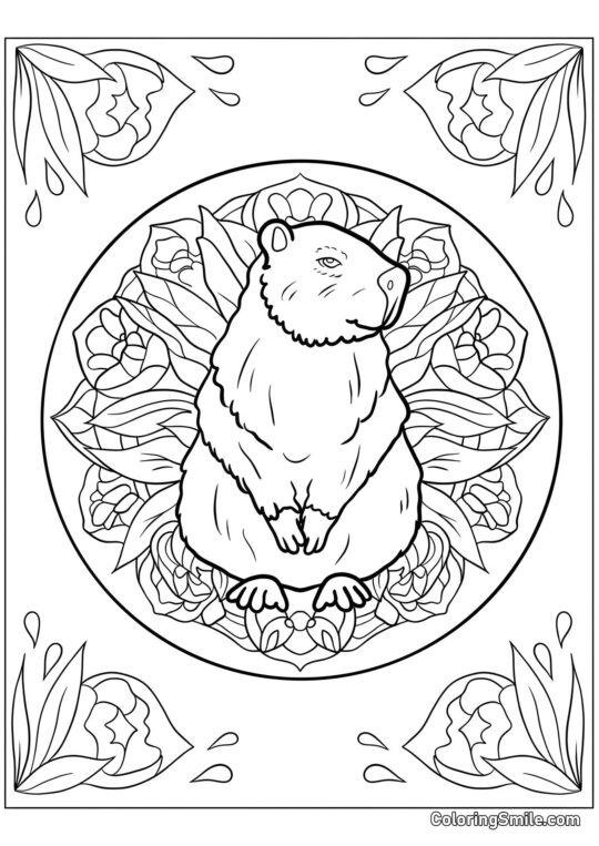 Capivara em uma Mandala de Flores - Página para Colorir