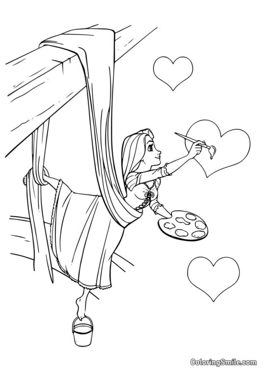 Rapunzel Desenhando Corações Rapunzel Desenhando Corações - Página para Colorir