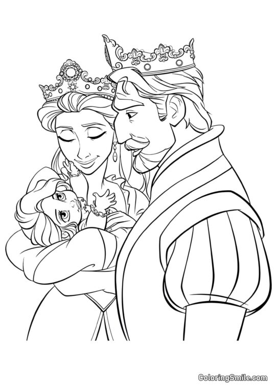 Pequena Rapunzel nos Braços dos Pais Pequena Rapunzel nos Braços dos Pais - Página para Colorir