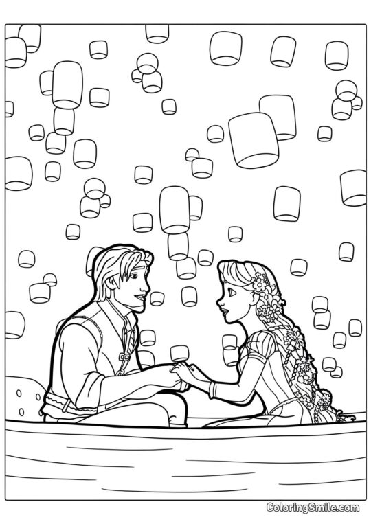 Eugene, Rapunzel e Lanternas Eugene, Rapunzel e Lanternas - Página para Colorir